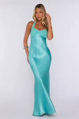 Leading Status Satin Halter Maxi Dress Blue