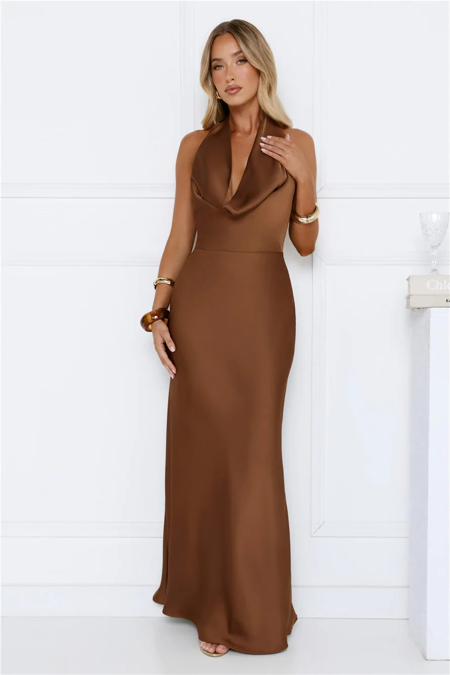 Cherry Whirl Satin Halter Maxi Dress Emerald