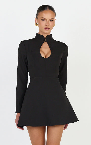Renee Mini Dress - Long Sleeve Keyhole Fit and Flare Dress in Black