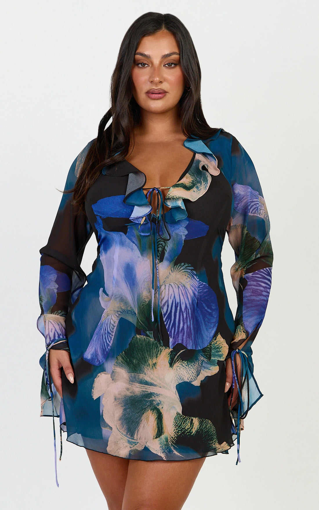 Solara Mini Dress - Long Sleeve Tie Front Dress in Midnight Resort Orchid Print