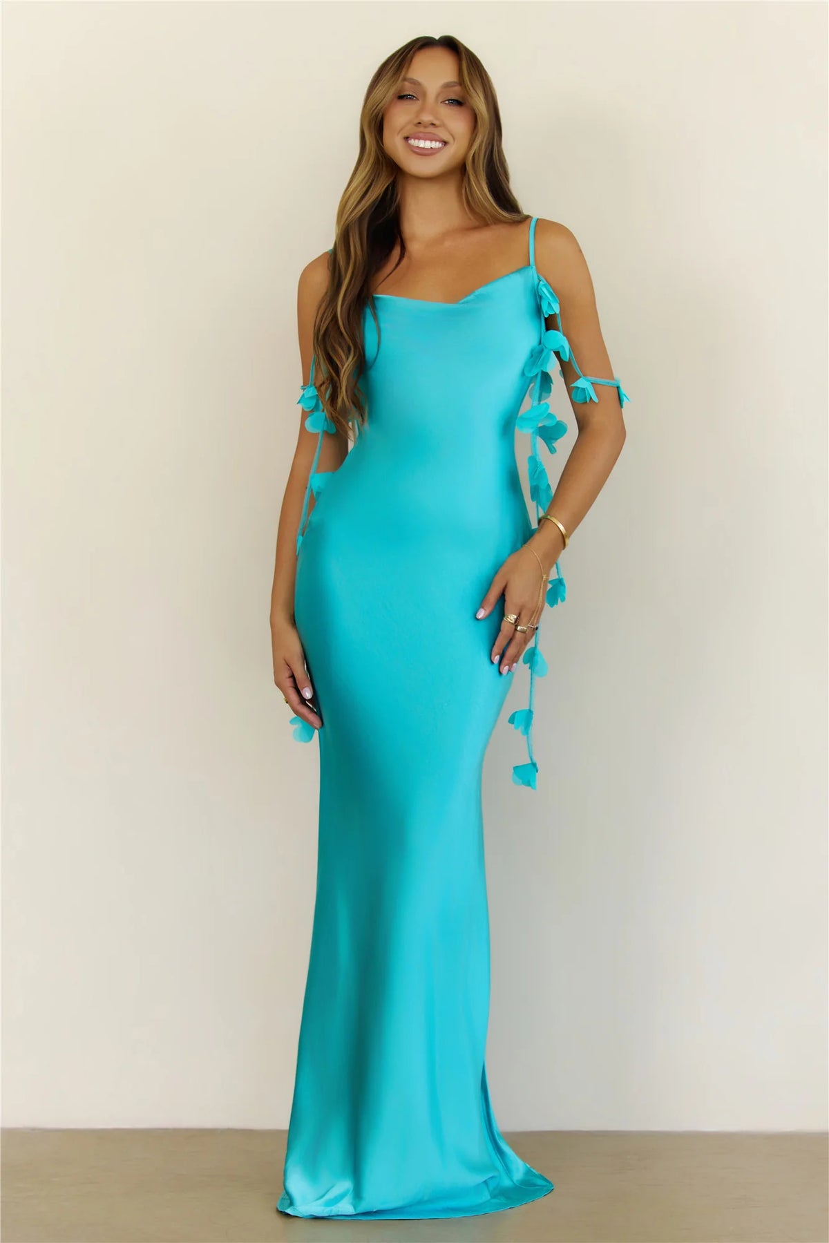 Ethereal Garden Floral Petal Satin Cowl Neck Maxi Dress Blue