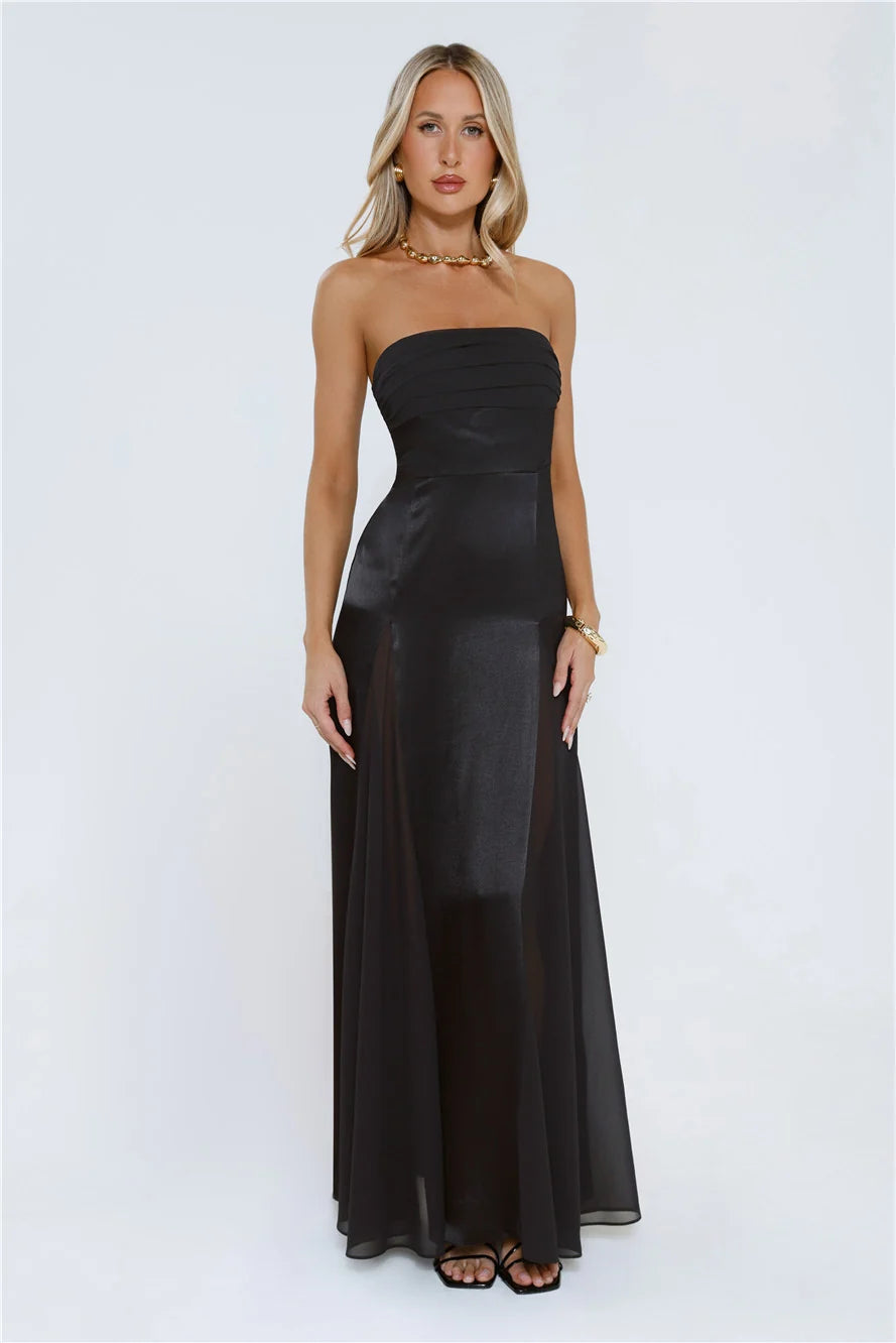 Statement Shine Strapless Satin Maxi Dress Red