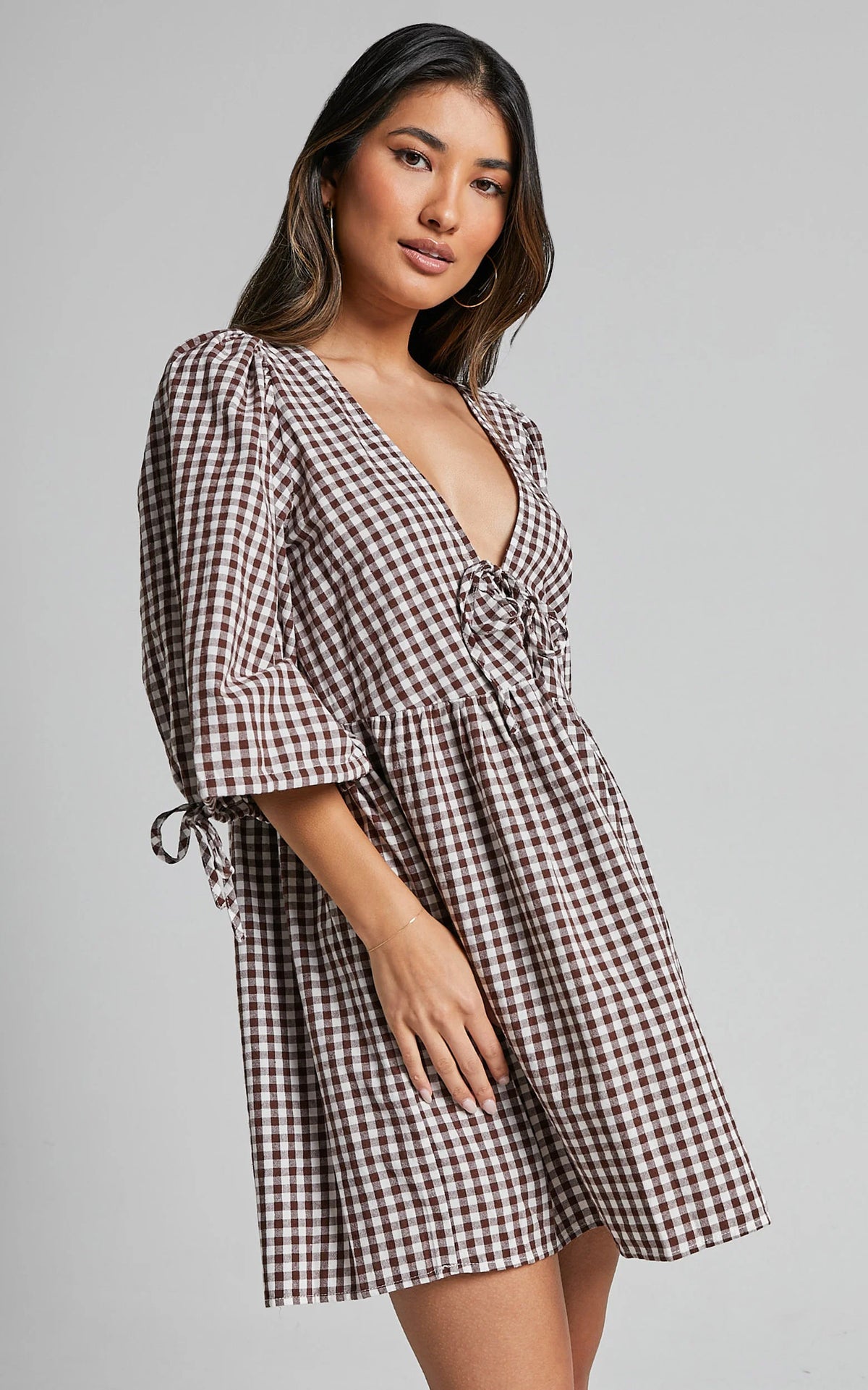 Rosita Mini Dress - Tie Front Puff Sleeve Dress in Black and White Check