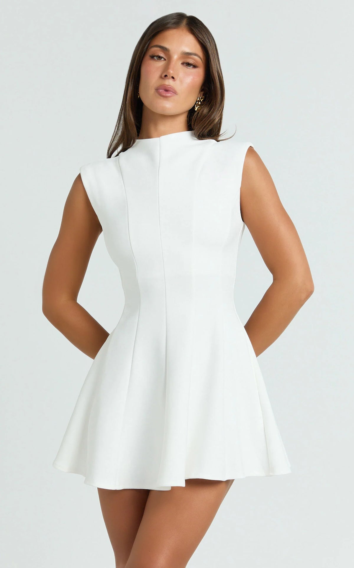 Becky Mini Dress - High Neck Sleeveless Fit And Flare Dress in Chocolate