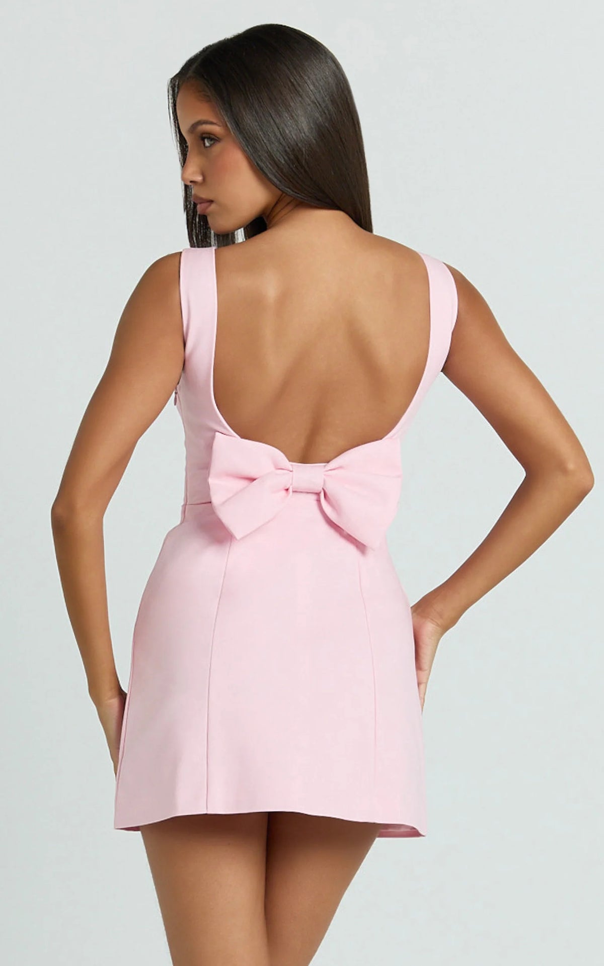 Windsor Mini Dress - Boatneck A-Line Skirt Back Bow Dress in Pale Pink