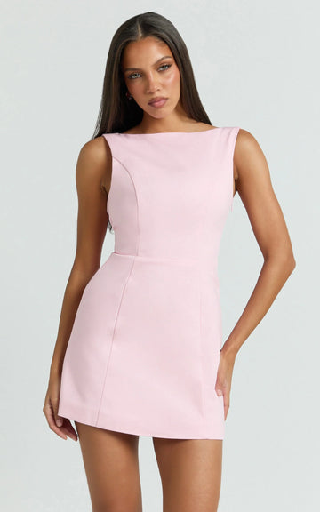 Windsor Mini Dress - Boatneck A-Line Skirt Back Bow Dress in Pale Pink