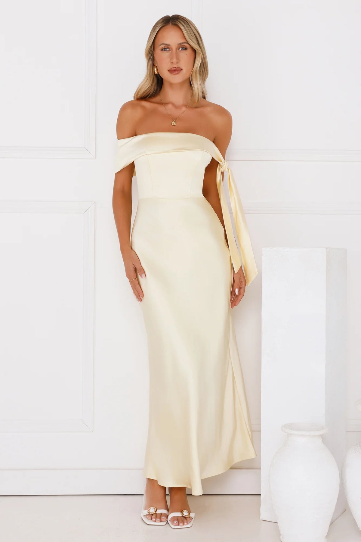 The Hype Off Shoulder Satin Midi Dress Black