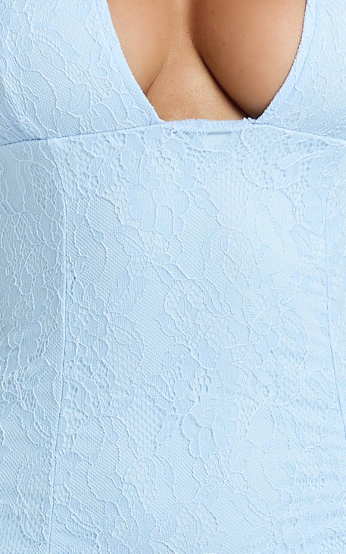 Selene Mini Dress - Lace V Neck Bodycon Dress in Baby Blue