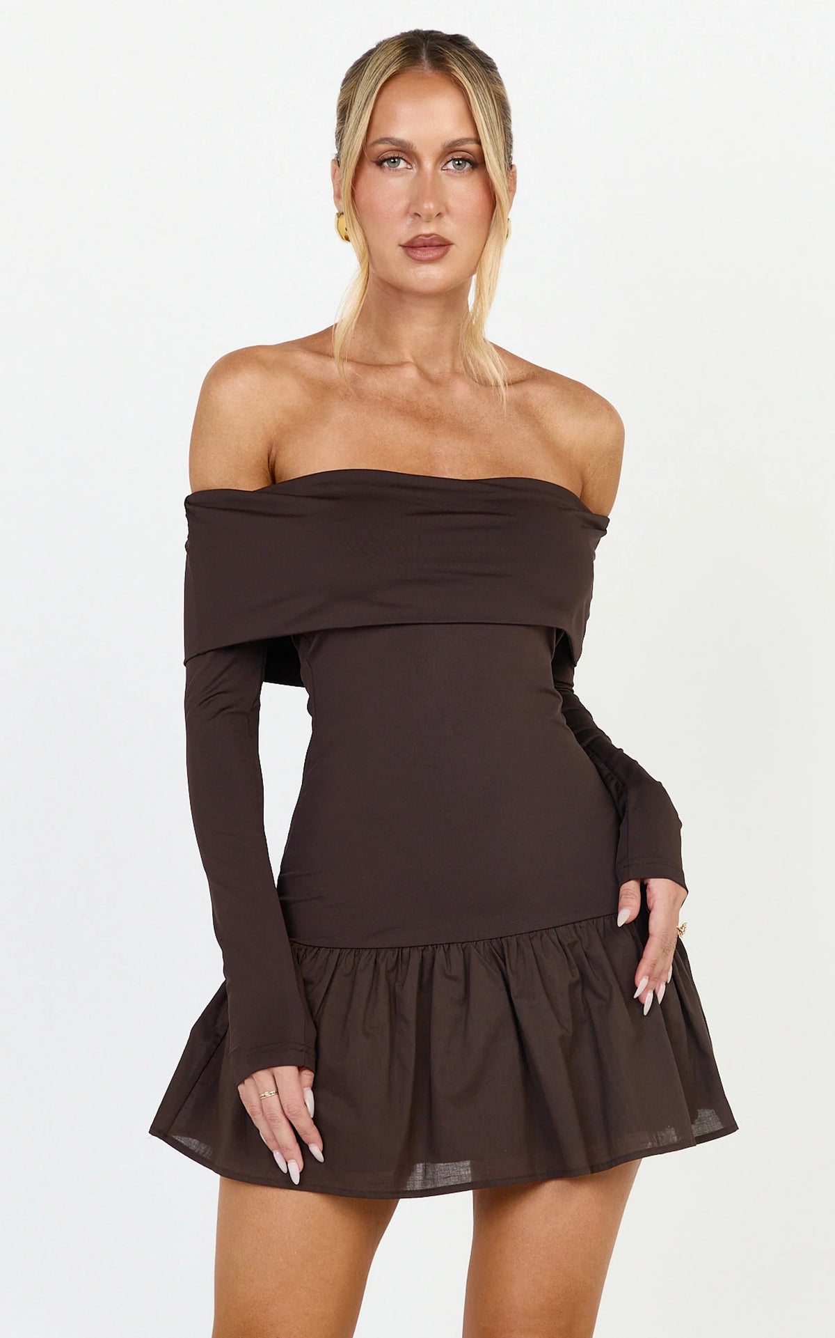 Remi Mini Dress - Mixed Media Overlay Detail Off-shoulder Long Sleeve Dropped Waist Mini Dress in Chocolate