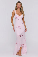 Flirty Sequin Embroidered High-Low Maxi Dress Pink