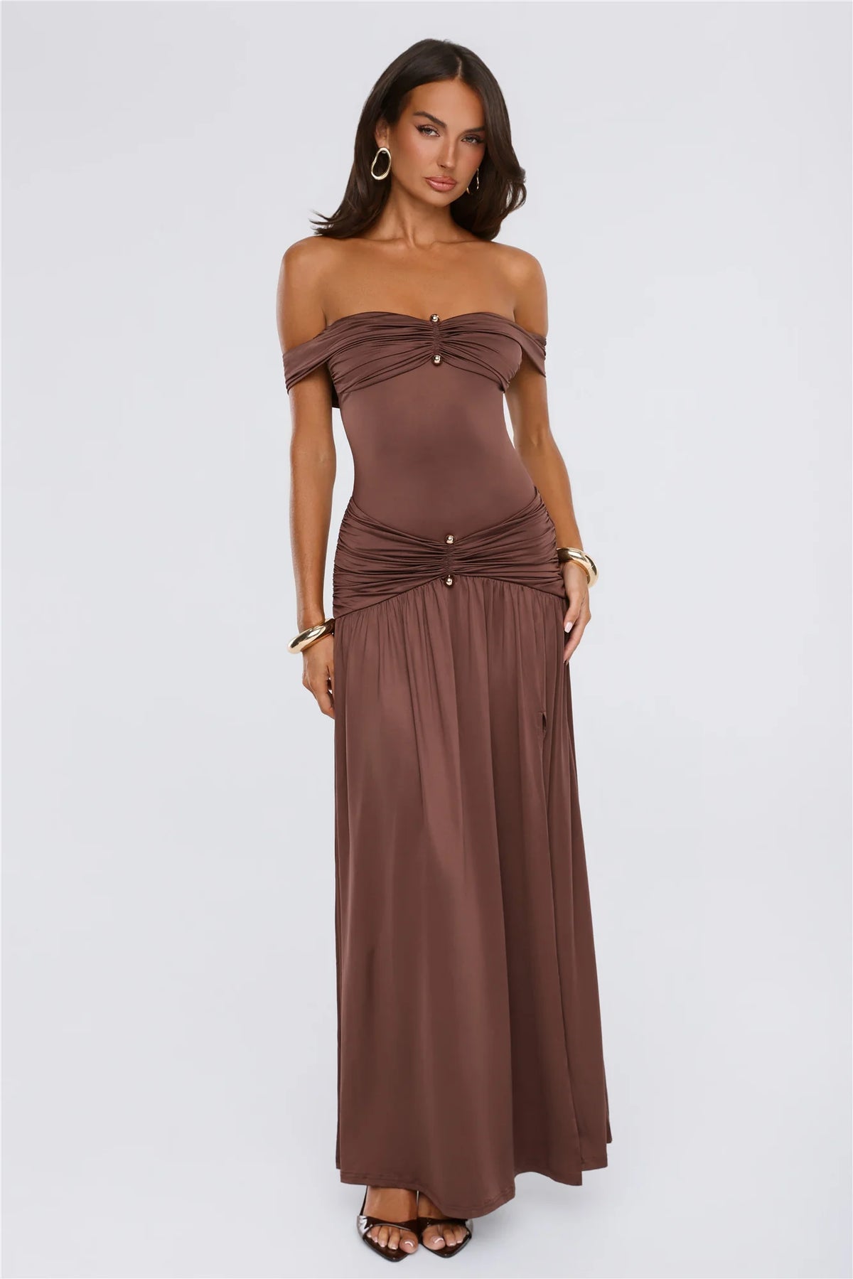 Under Your Charm Off Shoulder Maxi Dress Brown