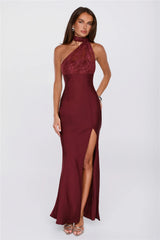 Sultry Serenade Satin Lace Neck Wrap Maxi Dress Wine