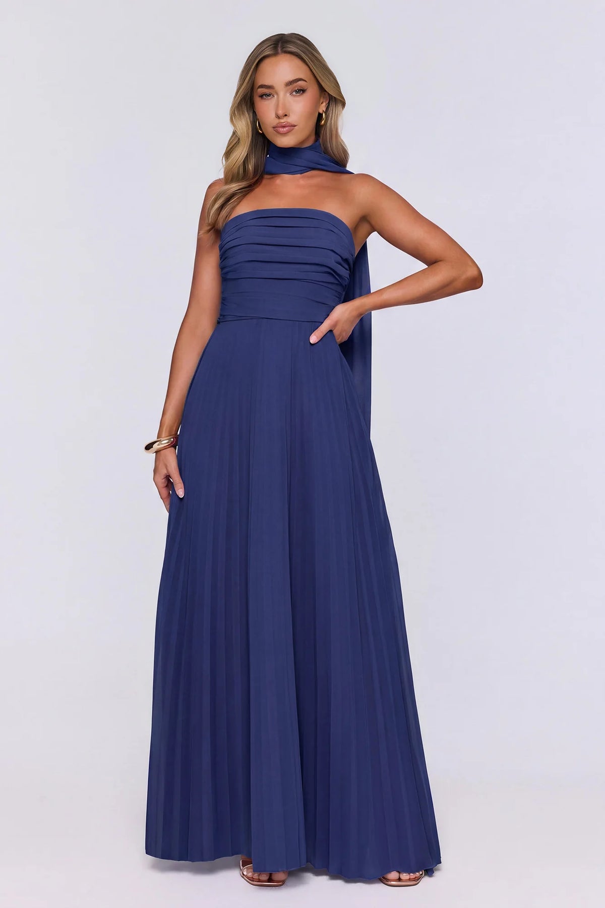 Sugar Babe Strapless Pleated Maxi Dress Blue