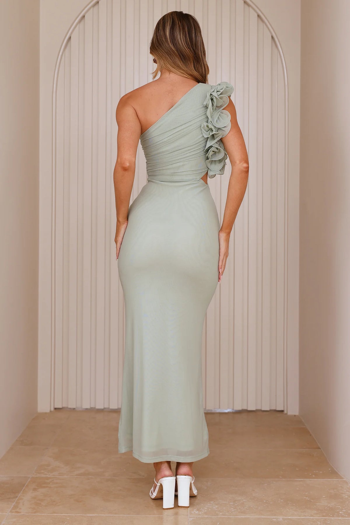 Luxe By Moonlight One Shoulder Mesh Maxi Dress Sage