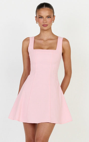 Adiana Mini Dress - Linen Square Neck Shirred Back A Line Dress in Pink