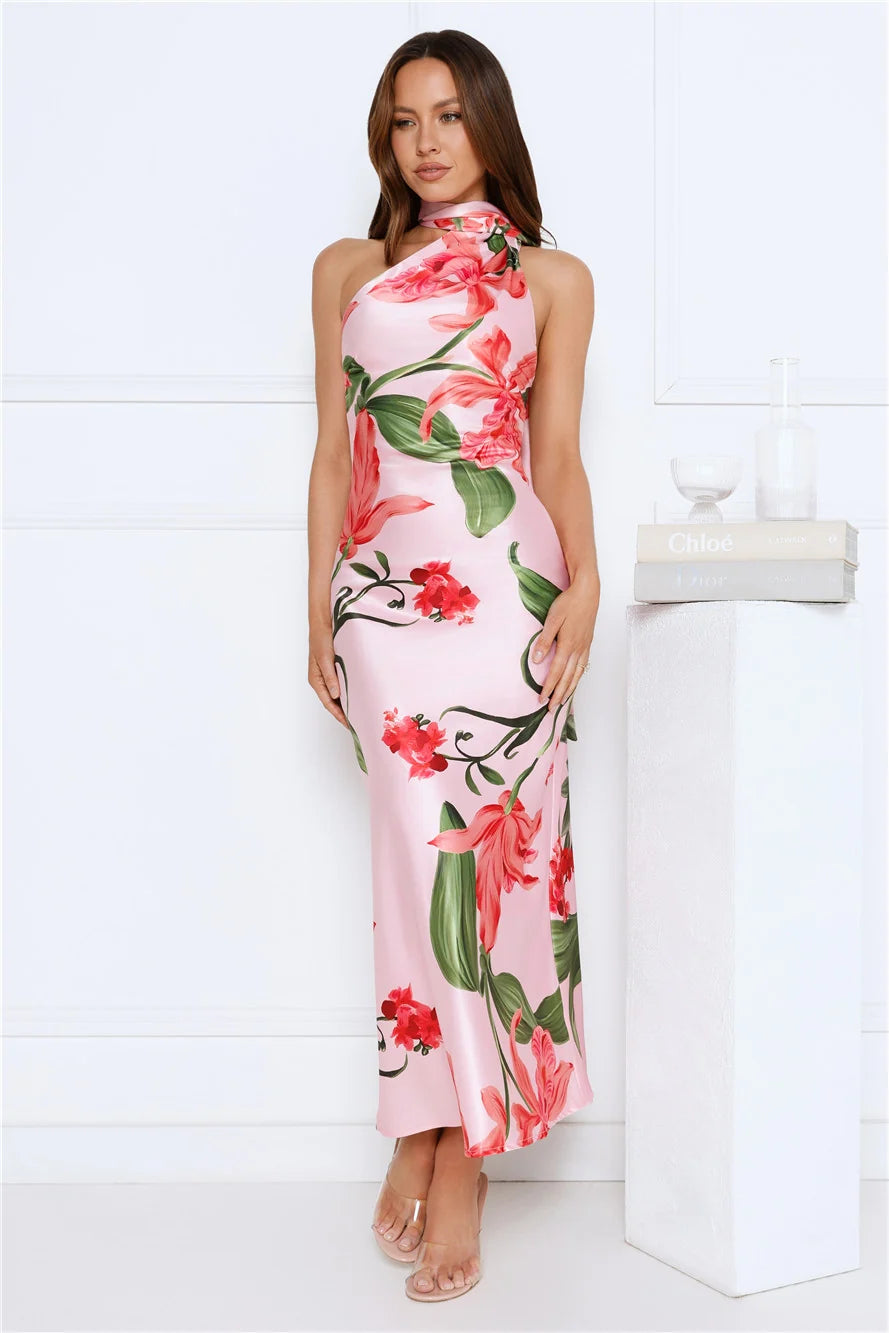 Romance In Bloom Satin Maxi Dress Blue