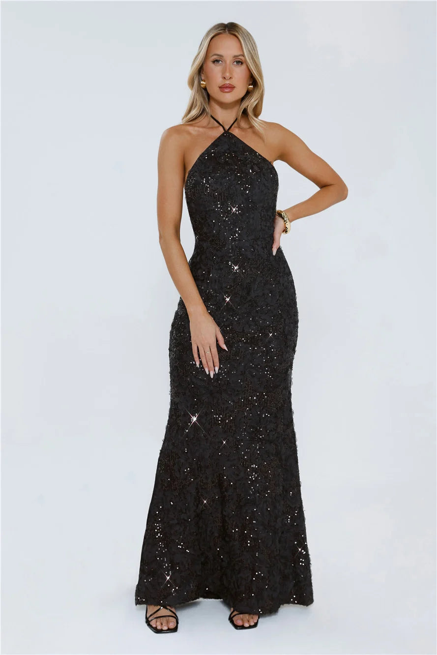 The Sparkling Muse Sequin Halter Maxi Dress Pink