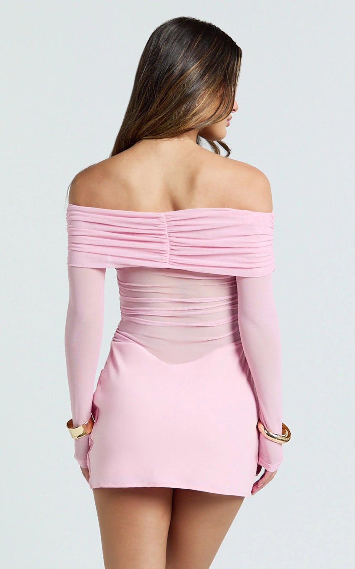 Jade Mini Dress - Long Sleeve Off Shoulder Draped Bias Cut Dress in Red