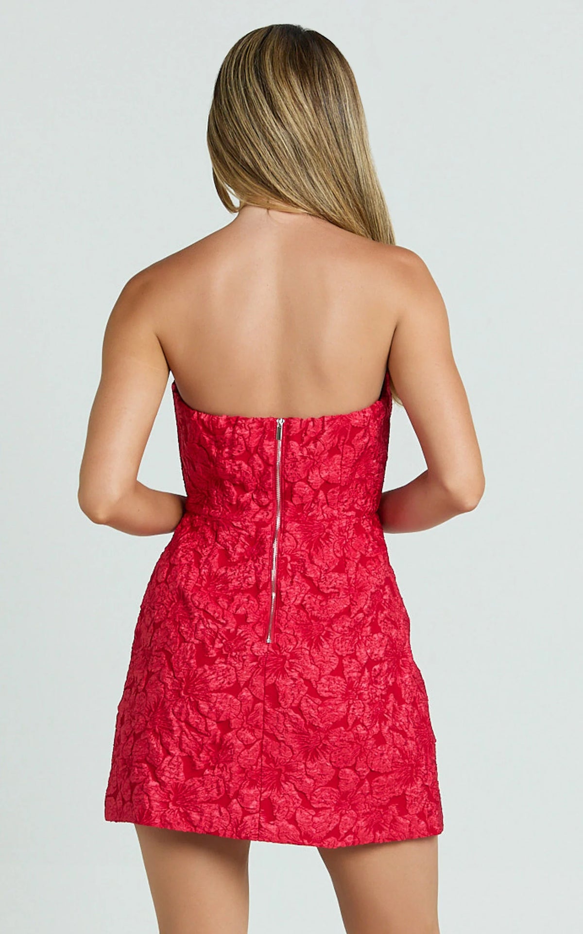 Brailey Mini Dress - Strapless Dress in Orange Jacquard