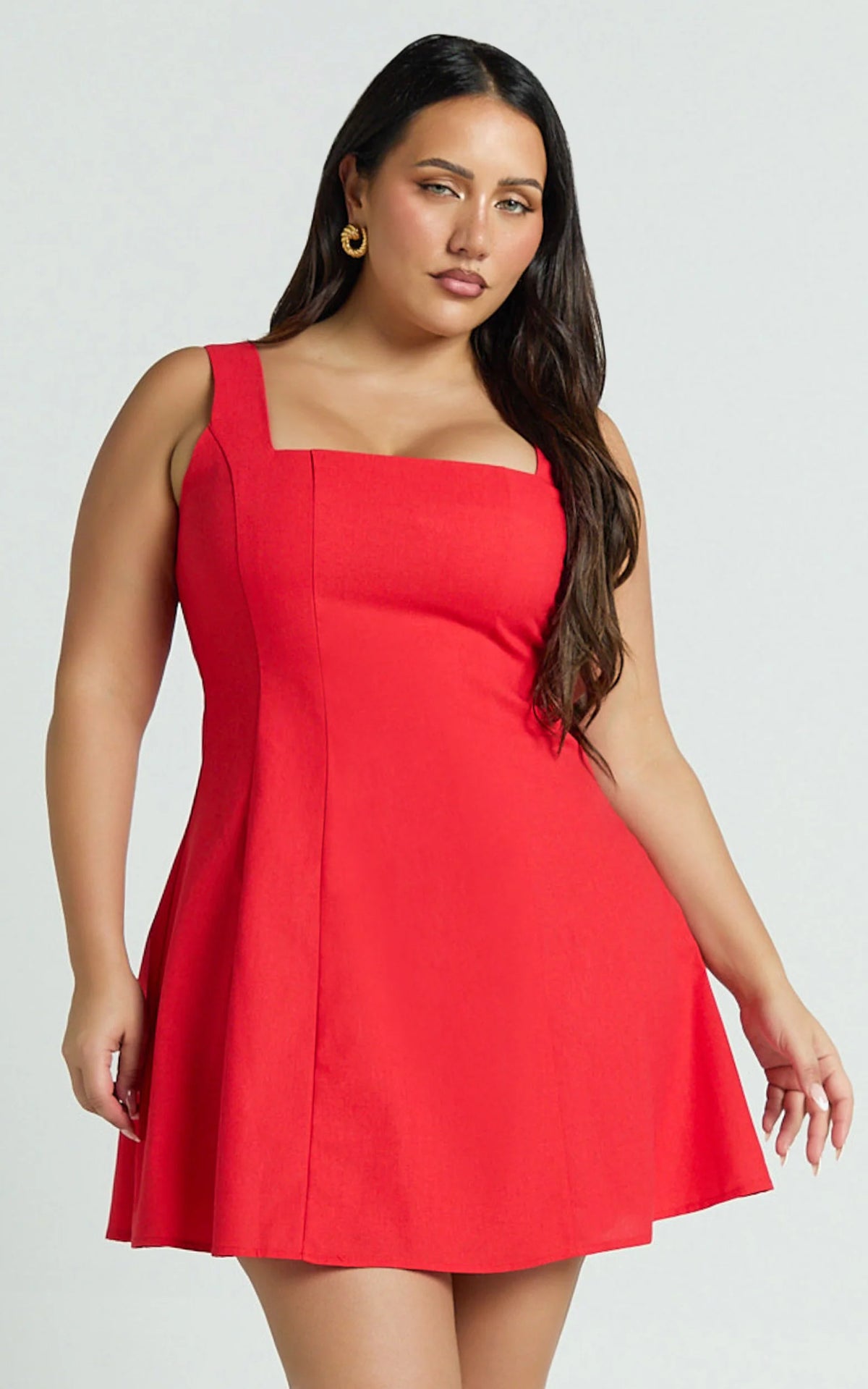 Adiana Mini Dress - Linen Square Neck Shirred Back A Line Dress in Pink
