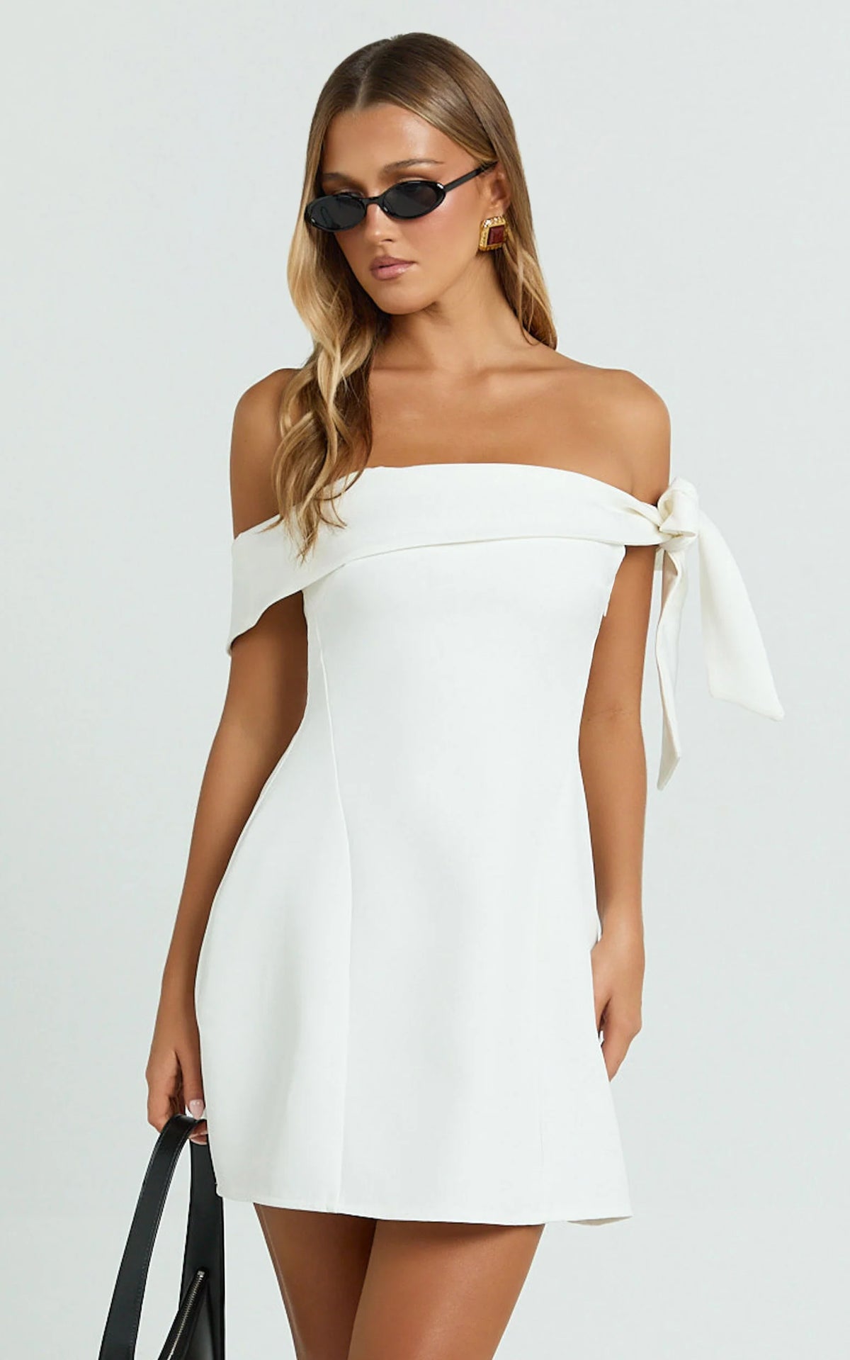 Cecilia Mini Dress - Off Shoulder Tie Detail Dress in Blue