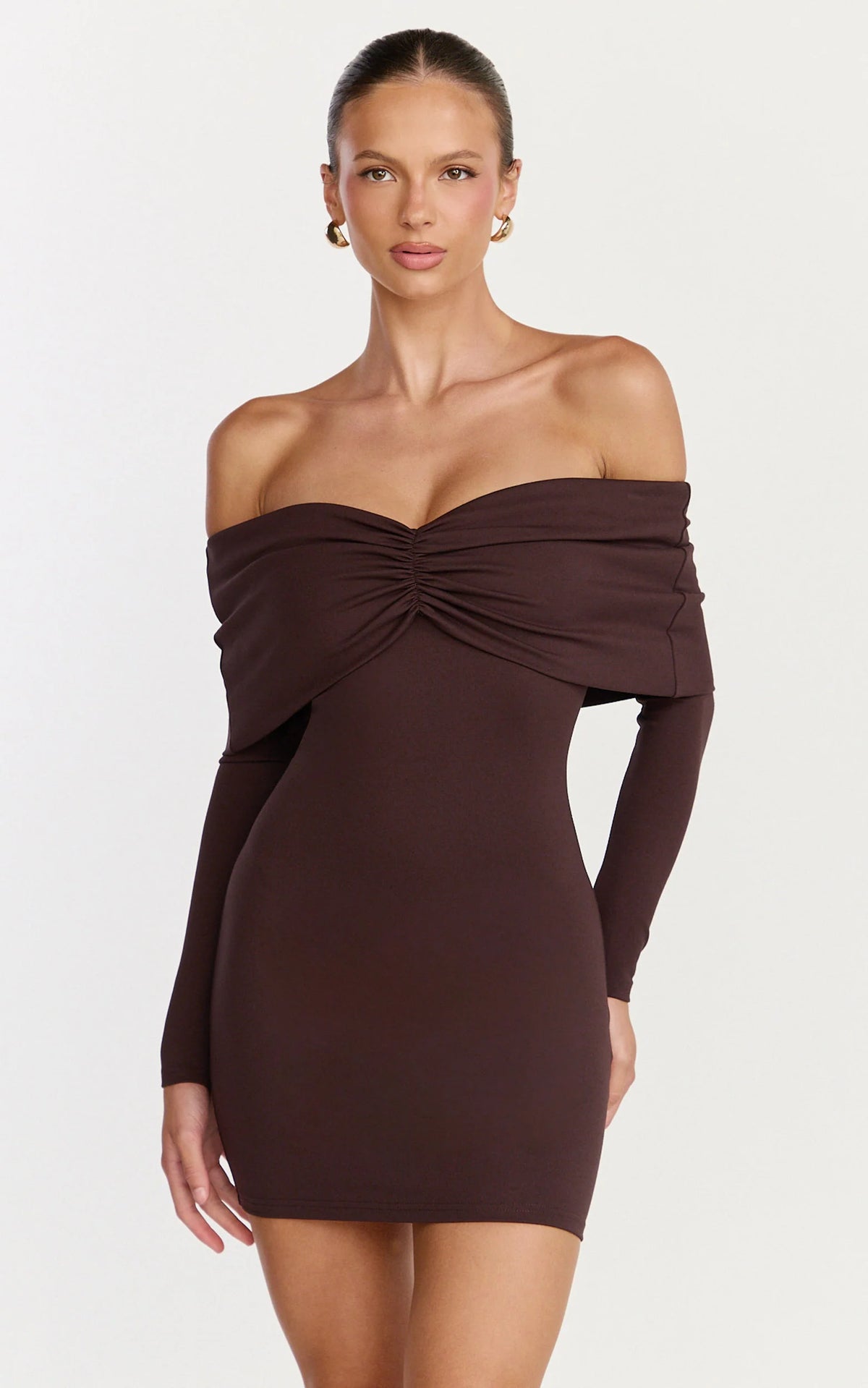 Rani Mini Dress - Off Shoulder Long Sleeve Bodycon Dress in Wine