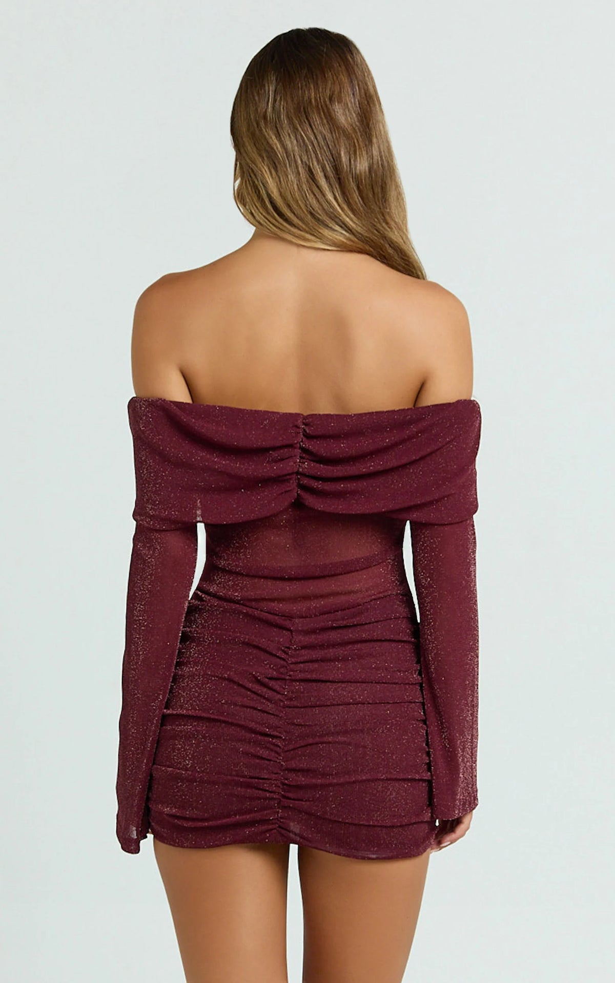Rumi Mini Dress - Glitter Tulle Off Shoulder Ruched Dress in Black