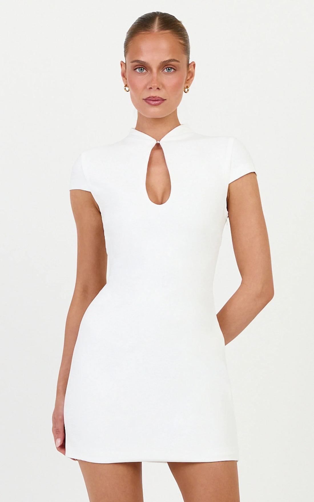 Briony Mini Dress - High Neck Front Key Hole Fitted Dress in Black