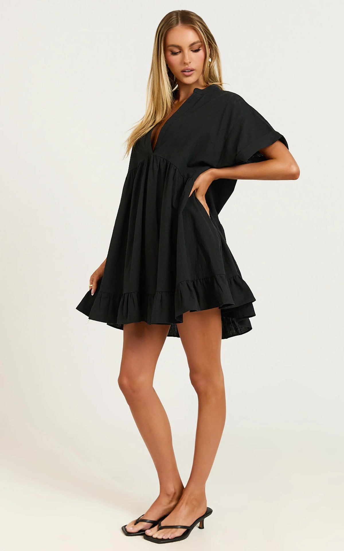 Calissa Mini Dress - Frill Hem Smock Dress in Light Blue