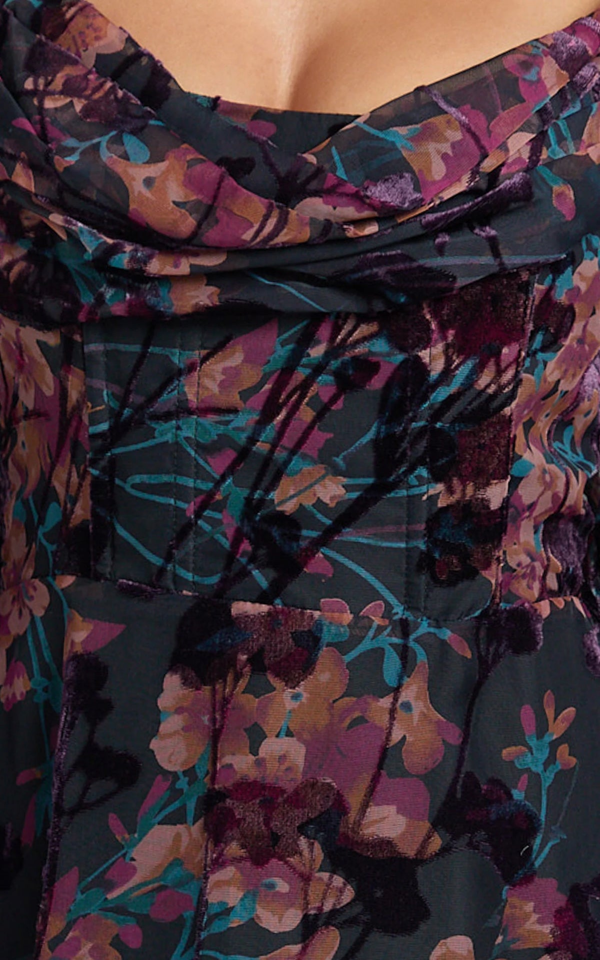 Jessell Mini Dress - Long Sleeve Cowl Corset Dress in Burnt Out Floral