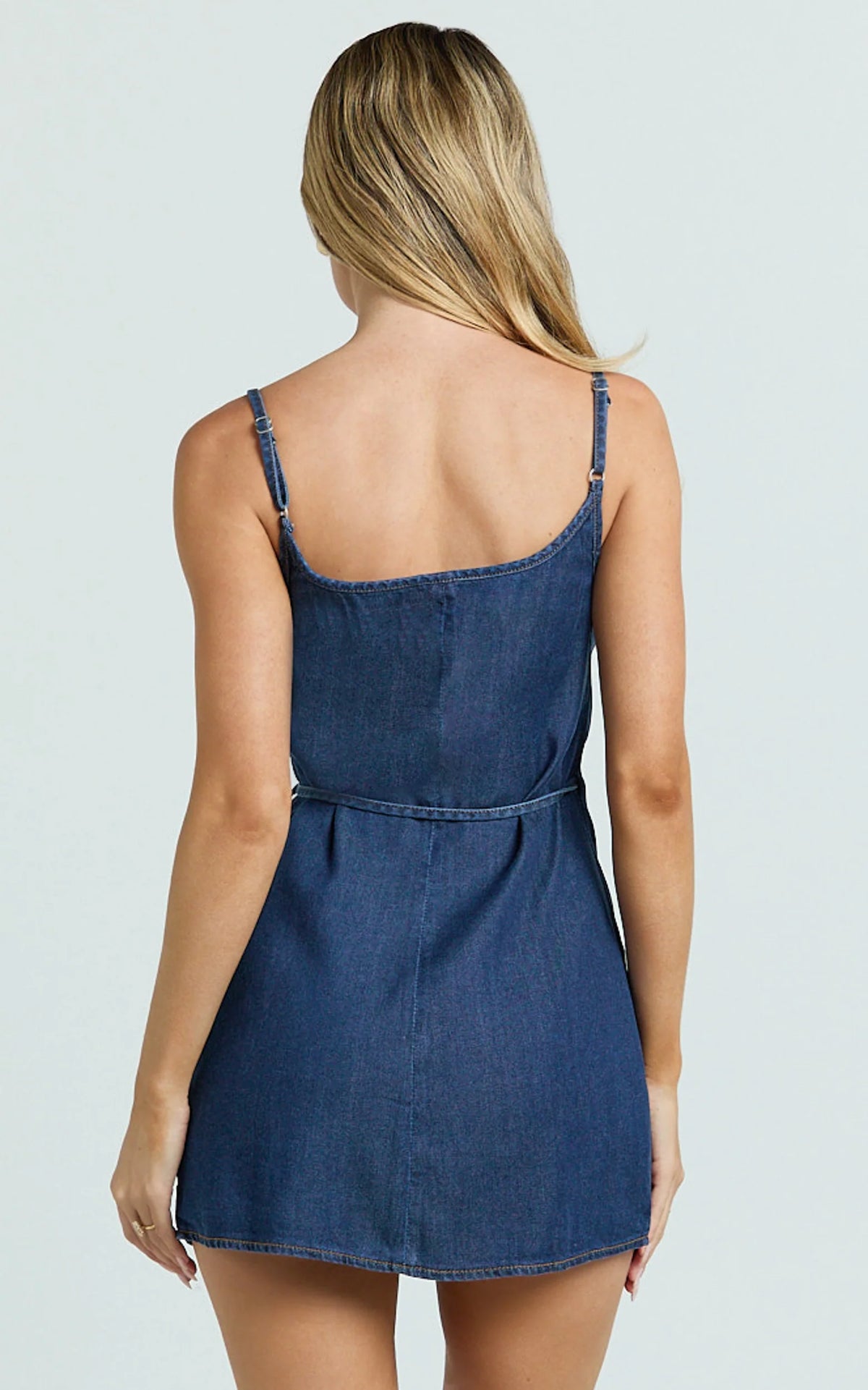 Ramira Mini Dress - Denim Halter Neck Wrap Tie Mini Dress in Light Blue Wash