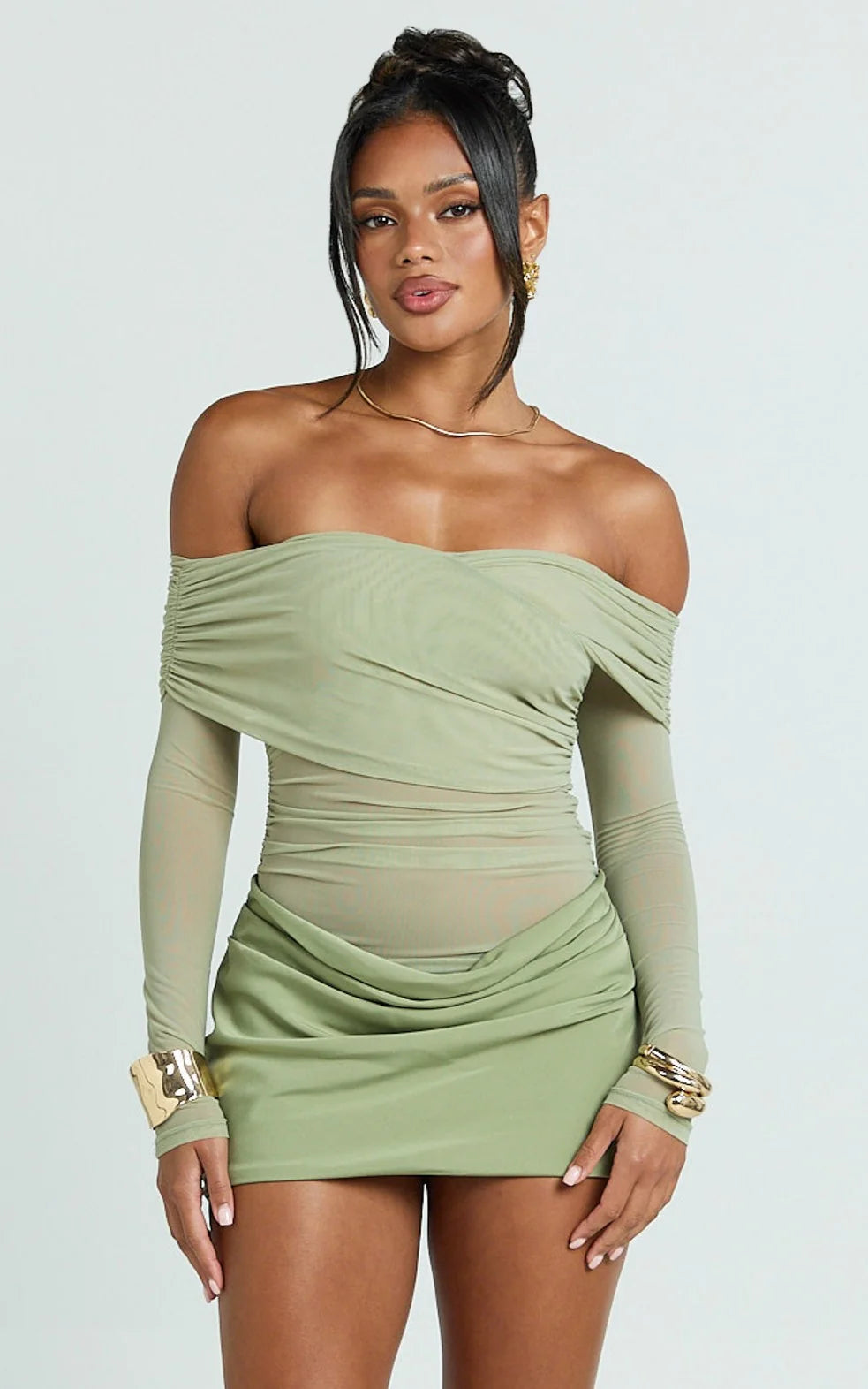 Jade Mini Dress - Long Sleeve Off Shoulder Draped Bias Cut Dress in Ink