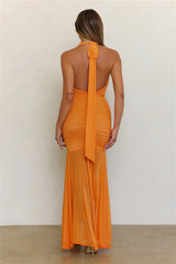 Golden Hour Glow Mesh Halter Maxi Dress Orange