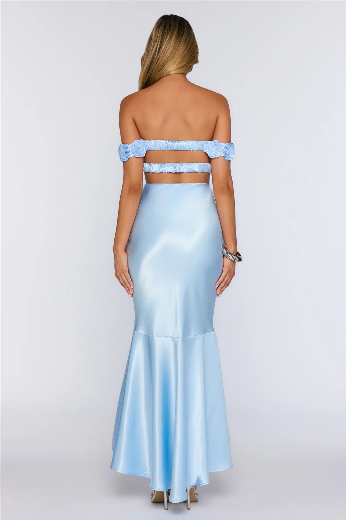 Falling Soft Satin Off Shoulder Maxi Dress Yellow