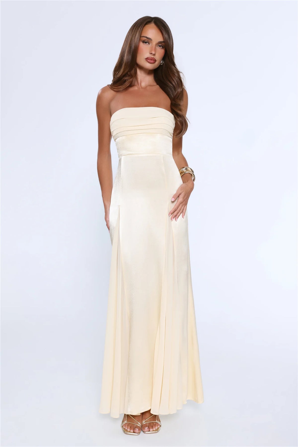 Statement Shine Strapless Satin Maxi Dress Red