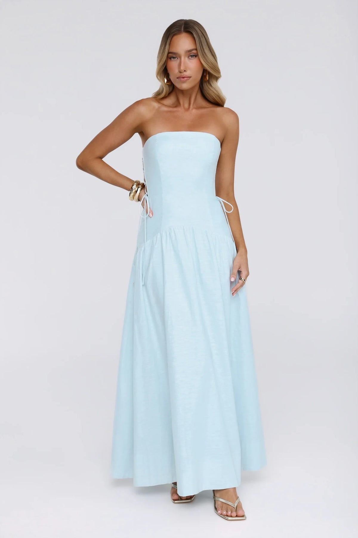 Just Feels Right Linen Blend Strapless Maxi Dress Blue