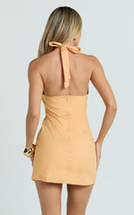 Jaycee Mini Dress - Halterneck Trim Detail Fitted Dress in Orange