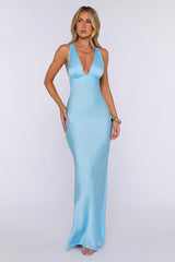 Polished Affair Satin Maxi Dress Blue