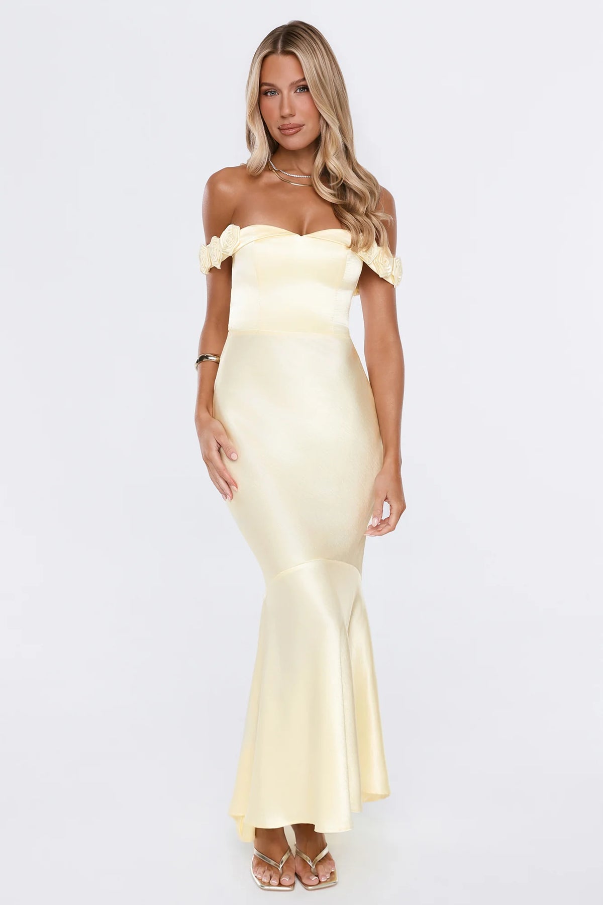 Falling Soft Satin Off Shoulder Maxi Dress Yellow