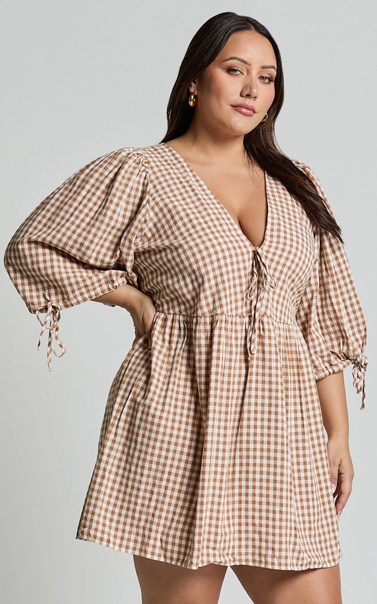 Rosita Mini Dress - Tie Front Puff Sleeve Dress in Black and White Check