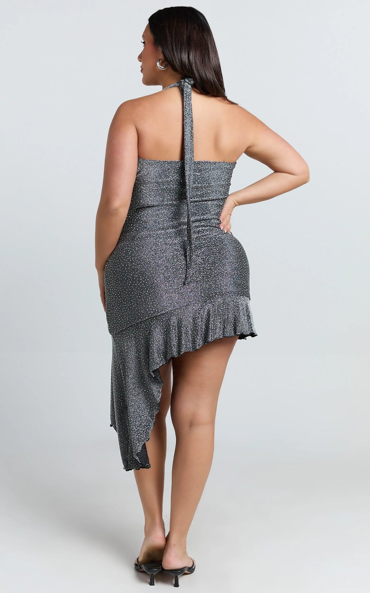 Victor Mini Dress - Glitter Plunge Halter Asymmetric Hem Dress in Gunmetal