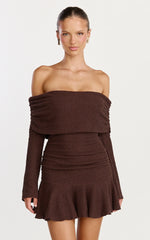 Maeve Mini Dress - Off Shoulder Long Sleeve Fit And Flare Mini Dress in Cream