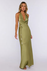 Showing Up Styled Satin Halter Maxi Dress Olive