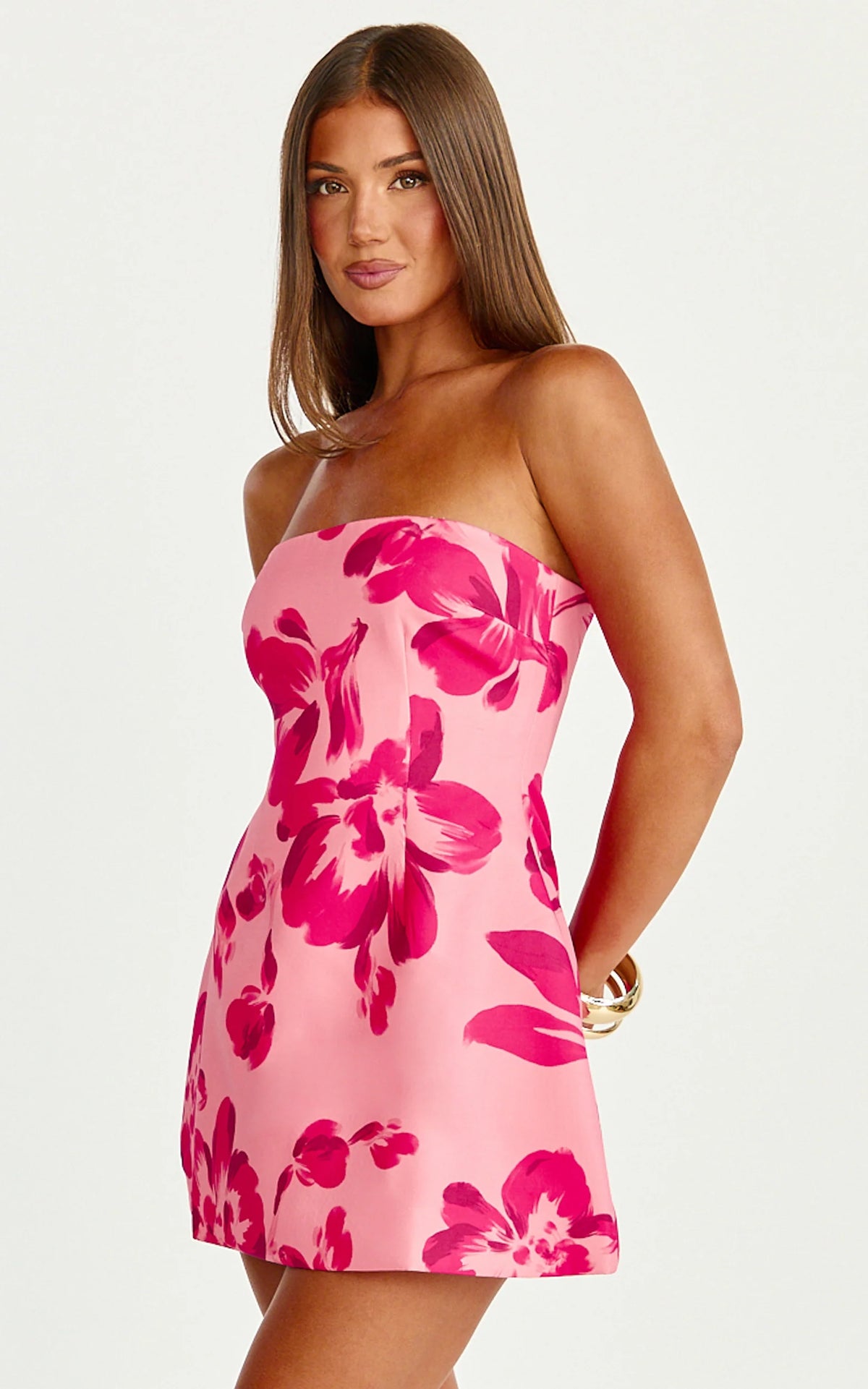 Elouise Mini Dress - Strapless Princess Panel A Line Dress in Blue Floral
