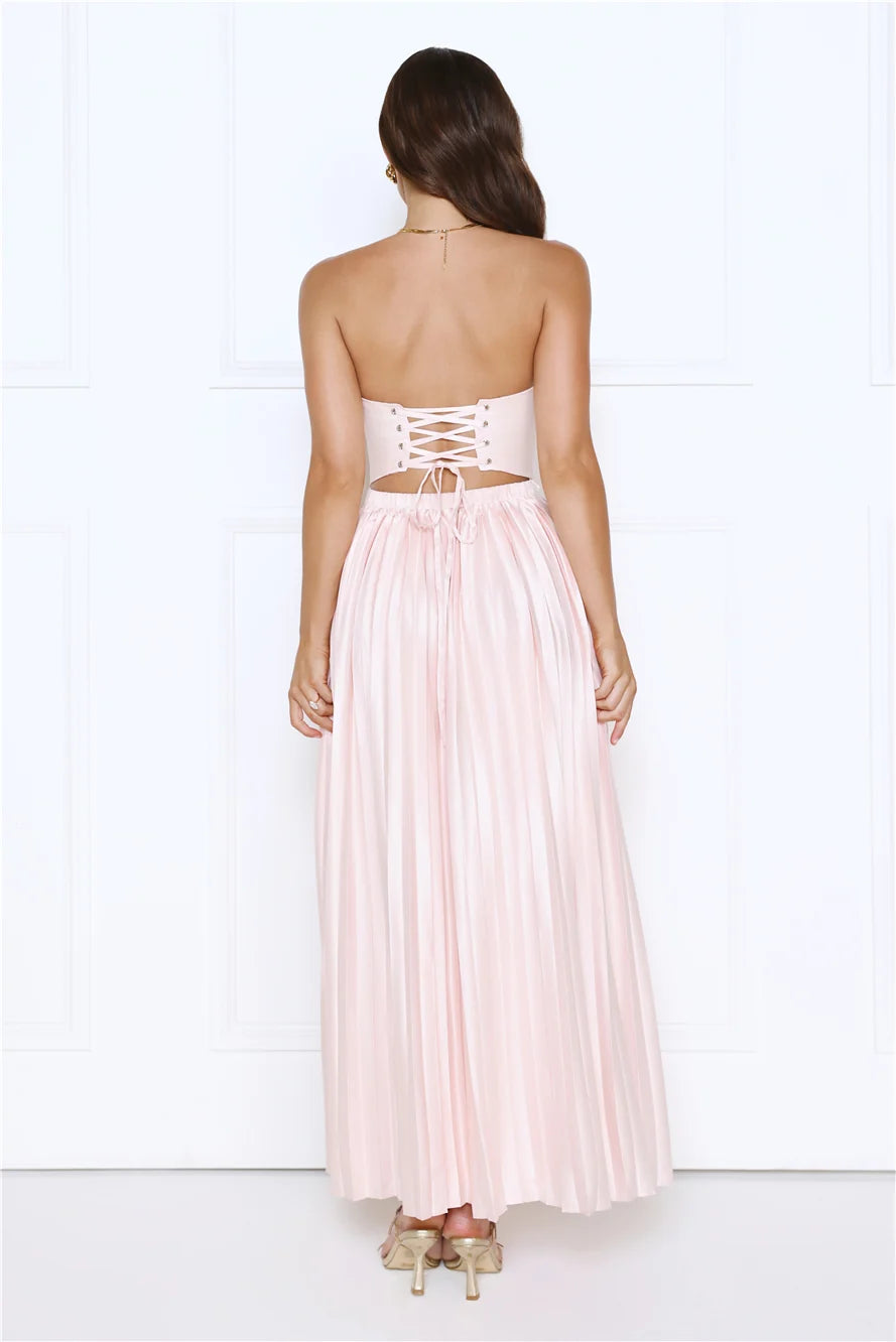 Glossed Over Strapless Satin Pleated Maxi Dress Pink