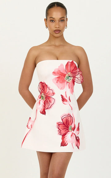Elva Mini Dress - Strapless Floral Print Embroidered Dress in Water Colour Poppy Print