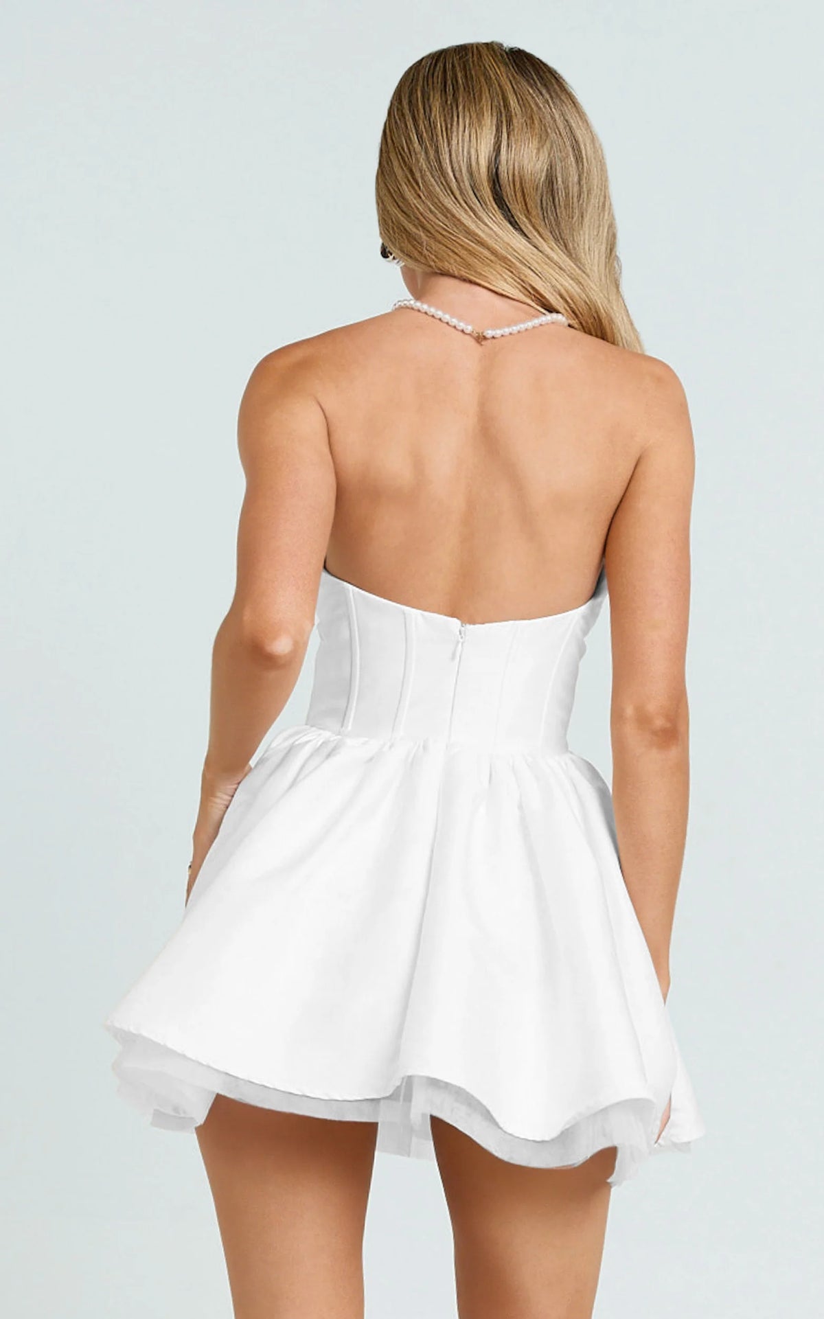 Charlize Mini Dress - Satin Sweetheart V Waist Fit And Flare Dress in White
