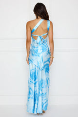 After Dark Allure One Shoulder Satin Maxi Dress Blue