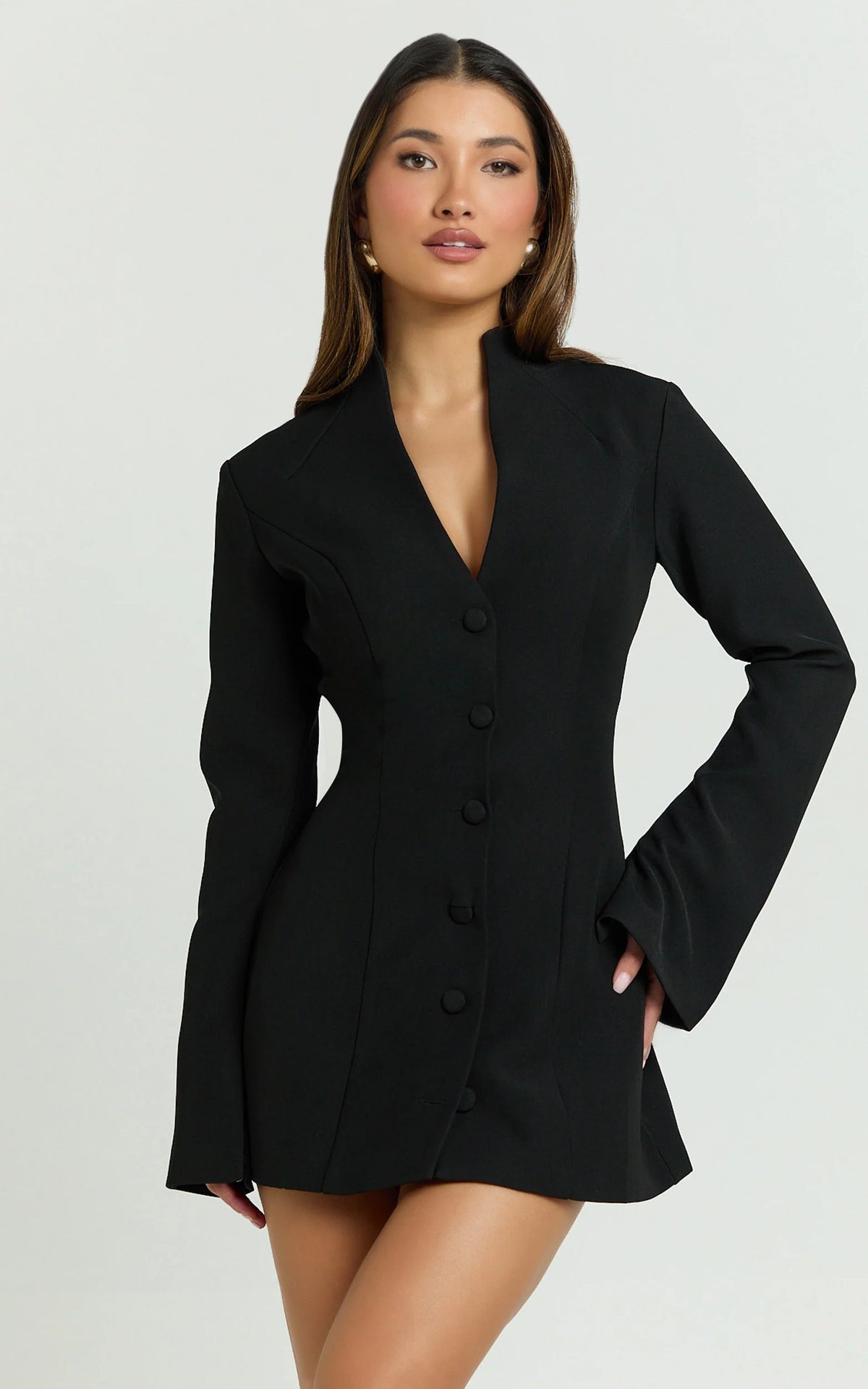 Layton Mini Dress - V Neck Long Sleeve Button Front Tulip Skirt Dress in White