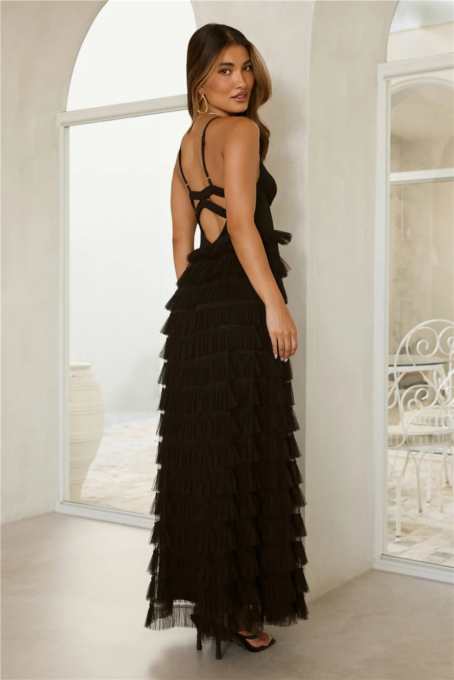 Drama Queen Tulle Tiered Maxi Dress Black